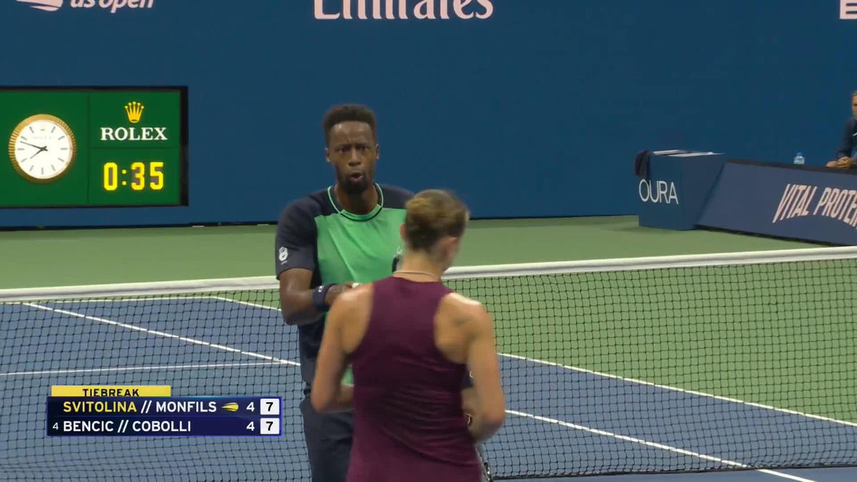 Gael Monfils solves the riddle down the middle as he and Svitolina take the first set!
