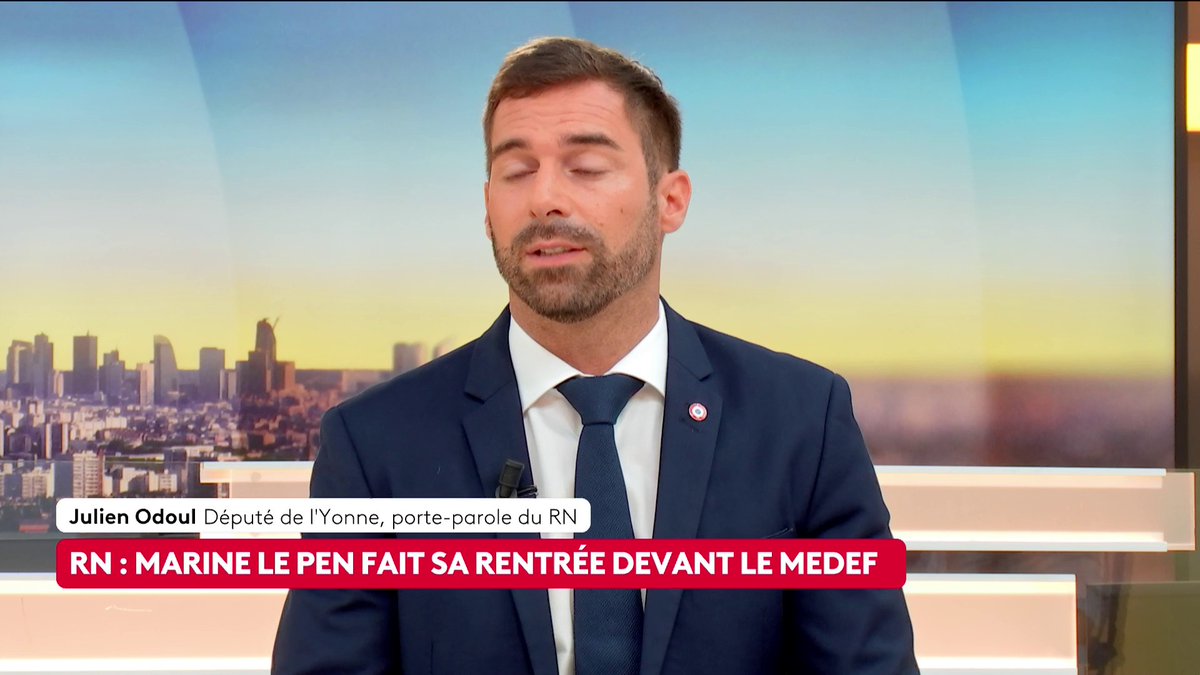 🔴🗣 Marine Le Pen "incarne la seule possibilité de changement", affirme Julien Odoul, député de l'Yonne, porte-parole du RN, alors que Marine Le Pen fera sa rentrée lors des Rencontres des entrepreneurs de France du Medef, aujourd'hui à Paris. #canal16