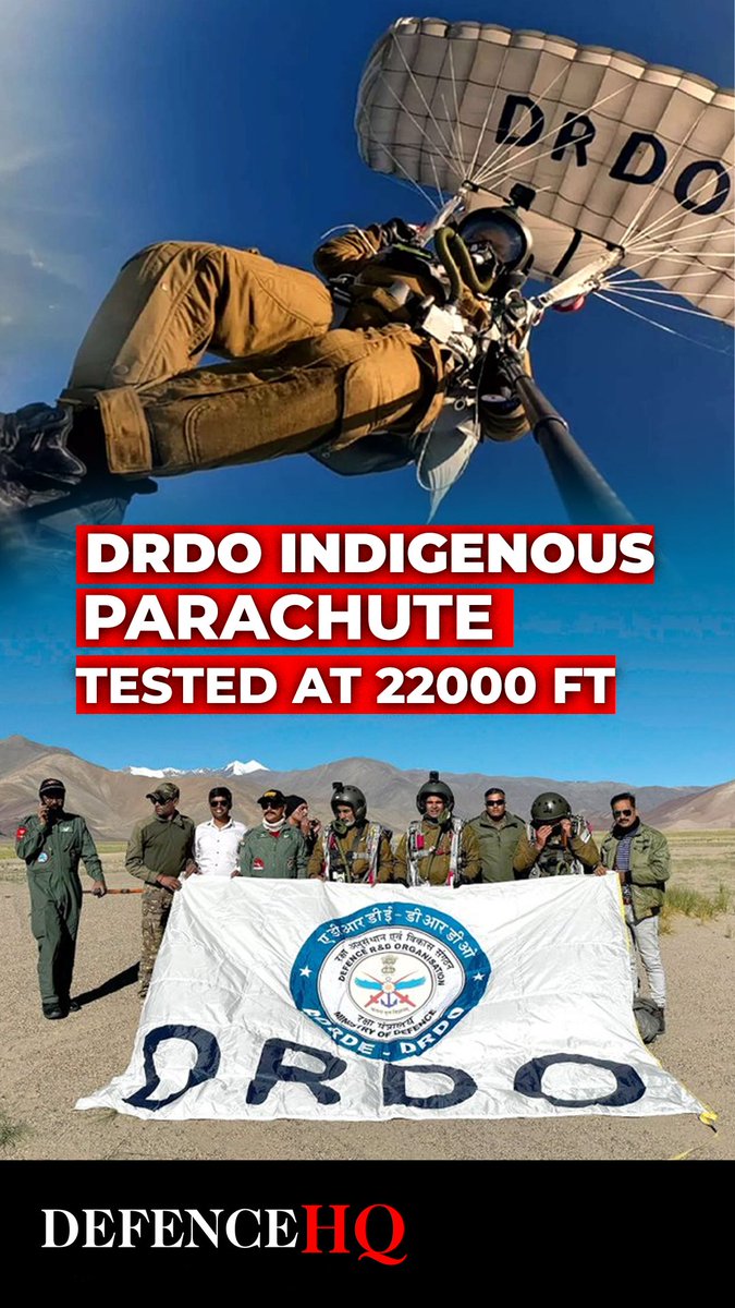DRDO successfully tests indigenous combat parachute at 22,000 feet Indian test jumpers successfully deployed the indigenous MCPS military parachute at extreme altitudes in freezing Ladakh conditions. Divya Kochar #DRDO #India #Ladakh #military