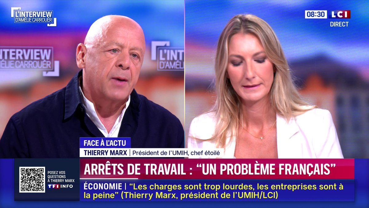 🔴 Arrêts de travail : "C’est un problème français", alerte Thierry Marx, président confédéral de l’UMIH 🗣️ "J’en souffre au quotidien. Il arrive qu’à la fin de la semaine, 3 ou 4 % des effectifs ne soient pas présents dans l’entreprise. Il faut trouver des explications."