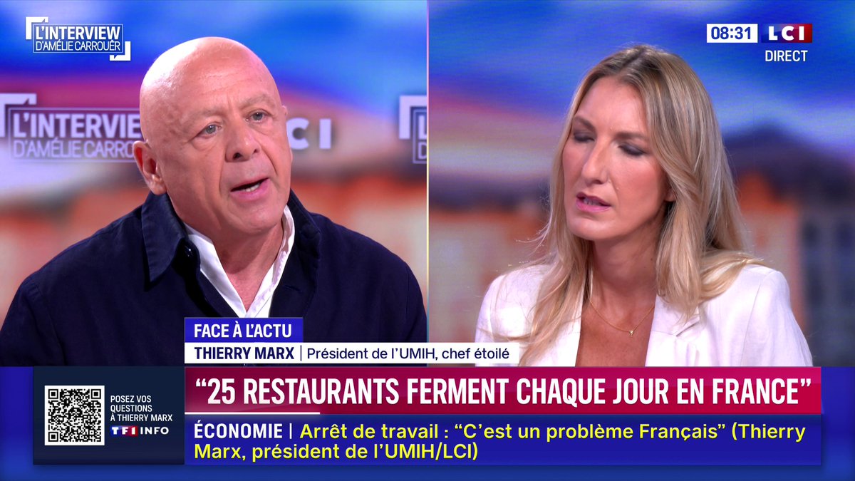 📉 "25 restaurants ferment chaque jour en France" : le chiffre choc de Thierry Marx, président confédéral de l’UMIH sur LCI 🗣️ En cause : "perte de pouvoir d'achat, arbitrages de consommation et marges trop faibles... la moindre zone de turbulence, c'est la catastrophe."