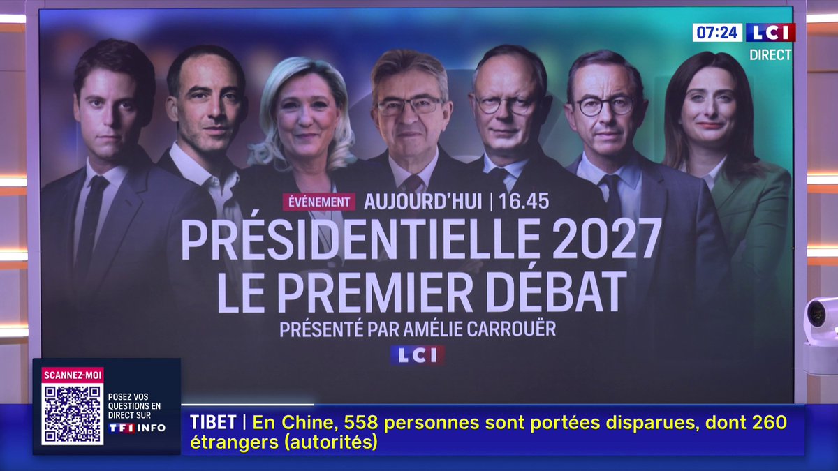 Aujourd’hui, c’est le « premier grand débat » de la présidentielle 2027. Je pense qu’on ne mesure pas assez le scandale démocratique qui se cache derrière. LCI présente cela comme étant un débat entre les 7 candidats à l’élection.. On pourrait presque croire que François Ruffin, François Asselineau 🇫🇷, Juan Branco ✊, Nicolas Dupont-Aignan, Florian Philippot, Francis LALANNE Officiel, Eric Zemmour, Ségolène Royal, et j’en passe, ne se présentent pas… Et rajoutons également le cas de Glucksmann, qui doit participer à une primaire et qui n’est donc même pas certain d’être candidat à l’élection. C’est une honte.