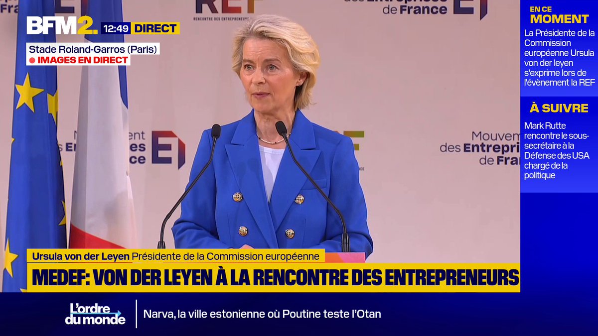 💬"L'Europe a de l'épargne. Malheureusement, cette épargne est paresseuse" Depuis Paris, la présidente de la Commission européenne, Ursula von der Leyen, réitère sa volonté de réorienter l'épargne des Européens #BFM2
