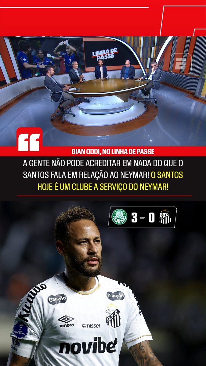 "A verdade nua e crua é que a gente não pode acreditar em NADA do que o Santos fala em relação ao Neymar. Depois do que aconteceu na Copa do Mundo, quando o Santos mentiu para a CBF, a gente tem que desconfiar de absolutamente TUDO." "A gente sabe que se o Neymar pedir para que uma determinada coisa seja dita a respeito dele, essa coisa será dita pelo Santos. Hoje, o Santos é um clube A SERVIÇO do Neymar." 🎙️ Gian Oddi, na ESPN. 🎥 ESPN Brasil | SportsCenter Brasil