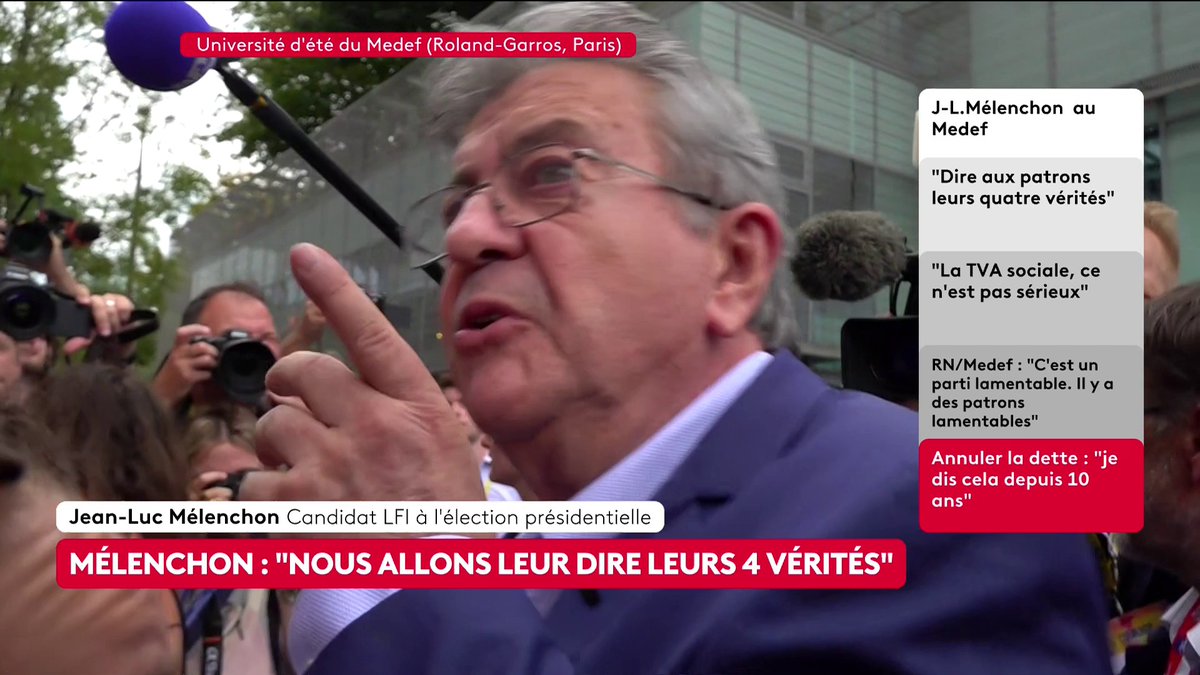 🔴 🗣Débat du Medef : "Même si je ne suis pas d'accord avec leur structure (le Medef), c'est une composante de la vie du pays. Il faut parler avec tout le monde, je vais les convaincre vous allez voir", assure Jean-Luc Mélenchon avant le premier débat de la présidentielle. #canal16