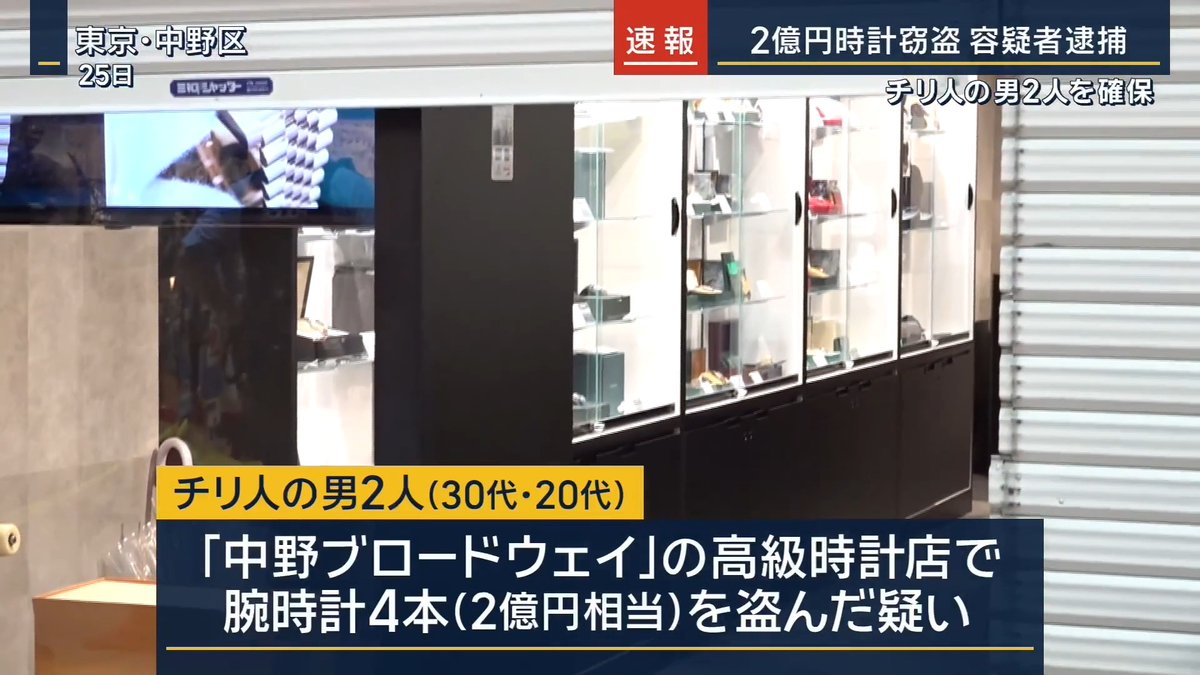 【速報】中野 2億円時計窃盗 チリ人2人を逮捕 | 東京・中野区で2億円相当の高級腕時計が盗まれた事件で、警視庁が逃走していたチリ人の男2人を逮捕 チリ人の30代と20代の男2人は『中野ブロードウェイ』に入る高級時計店に侵入 →腕時計4本2億円相当を盗んだ疑いが持たれている 捜査関係者によると、防犯カメラの捜査などからチリ人の男2人が浮上、警視庁が窃盗容疑などで逮捕状を請求していた 2人は同じ建物に潜伏していて、1人は出てきたところを捜査員に確保され、約40分後にもう1人が建物内にいたところを逮捕されたという その際、盗まれた高級腕時計と同じモデルの時計1点を押収したという 2人は事件の数日前に入国していた 警視庁は残る3本の腕時計の行方を調べている