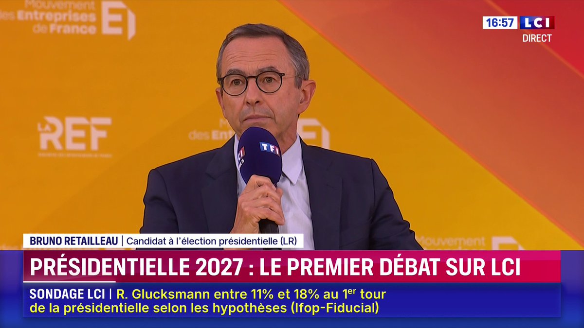 🔴 Entreprises : "Le 1er problème c'est l'État bureaucratique", Bruno Retailleau qui ajoute que "c'est un État vorace (...) qui prend les entreprises pour des vaches à lait" ▶️ Sept candidats à la présidentielle devant les patrons : le grand débat de #LaREF26 du Mouvement des Entreprises de France sur LCI