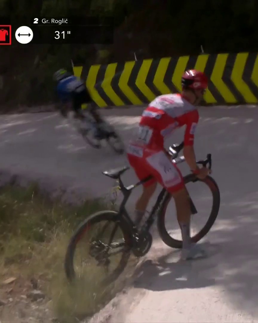 Une belle frayeur pour Pogacar ! Le maillot rouge négocie mal un virage dans une descente et est contraint de poser pied à terre ! #LaVuelta26, c'est en exclusivité sur Eurosport et HBO Max