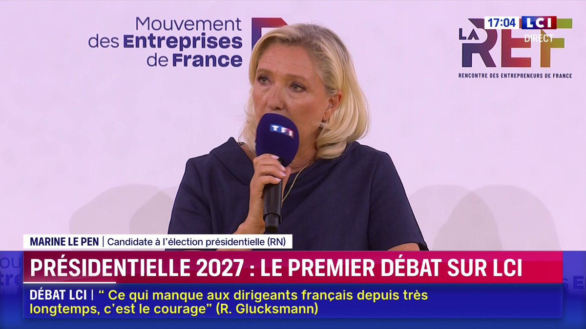 🔴 "J’appelle à l’union de l’ensemble des acteurs, l'union des salariés et des entrepreneurs, pour opérer le redressement (…) la renaissance de la France", Marine Le Pen ▶️ Sept candidats à la présidentielle devant les patrons : le grand débat de #LaREF26 du Mouvement des Entreprises de France sur LCI