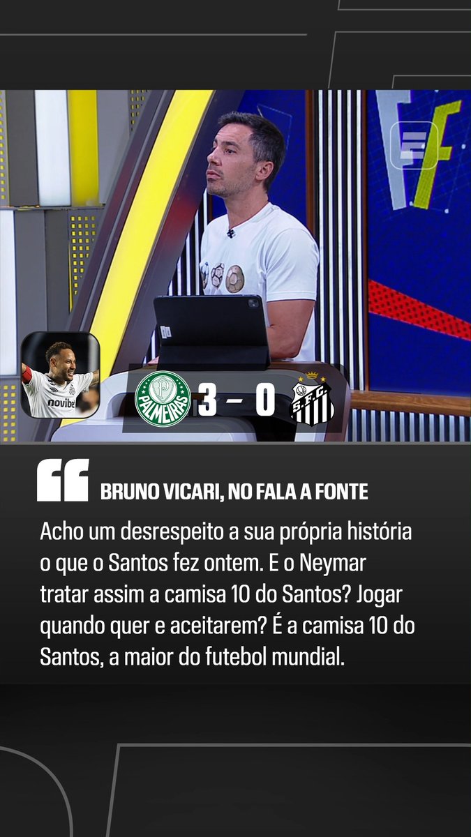 🚨 "Eu não acredito (que o Neymar não jogou contra o Palmeiras por decisão da comissão técnica). Eu não consigo imaginar o Neymar dizendo 'quero jogar' e alguém do Santos falar 'você não vai jogar'." "Faz 1 ano e meio que o Neymar está aqui e o Neymar NÃO joga jogo grande. A gente só fala dele contra Macará, Recoleta, Fortaleza, Juventude, Remo..." "Acho um DESRESPEITO à sua própria história o que o Santos fez ontem. E o Neymar tratar assim a camisa 10 do Santos? Jogar quando quer e as pessoas ainda aceitarem? É a camisa 10 do Santos, a maior do futebol mundial." "A gente pode falar o que for do Memphis Depay, mas em jogo grande ele está lá e DECIDE!" 🎙️ Bruno Vicari, na ESPN. 🎥 ESPN Brasil | SportsCenter Brasil