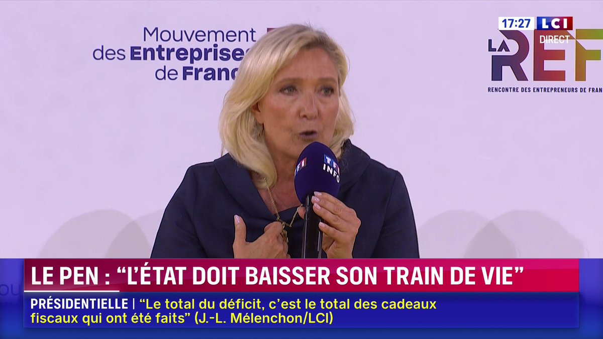 🔴 Dette : "Le premier qui doit faire un effort, c'est l'État", Marine Le Pen ▶️ Sept candidats à la présidentielle devant les patrons : le grand débat de #LaREF26 du Mouvement des Entreprises de France sur LCI