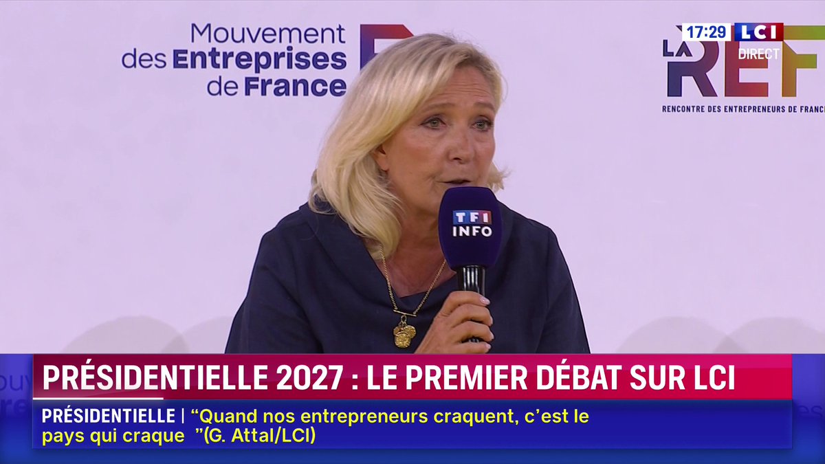 🔴 Retraites : "Le taux d'emploi en France est trop bas (...) Ma première préoccupation c'est d'augmenter le taux d'emploi des jeunes", Marine Le Pen ▶️ Sept candidats à la présidentielle devant les patrons : le grand débat de #LaREF26 du Mouvement des Entreprises de France sur LCI