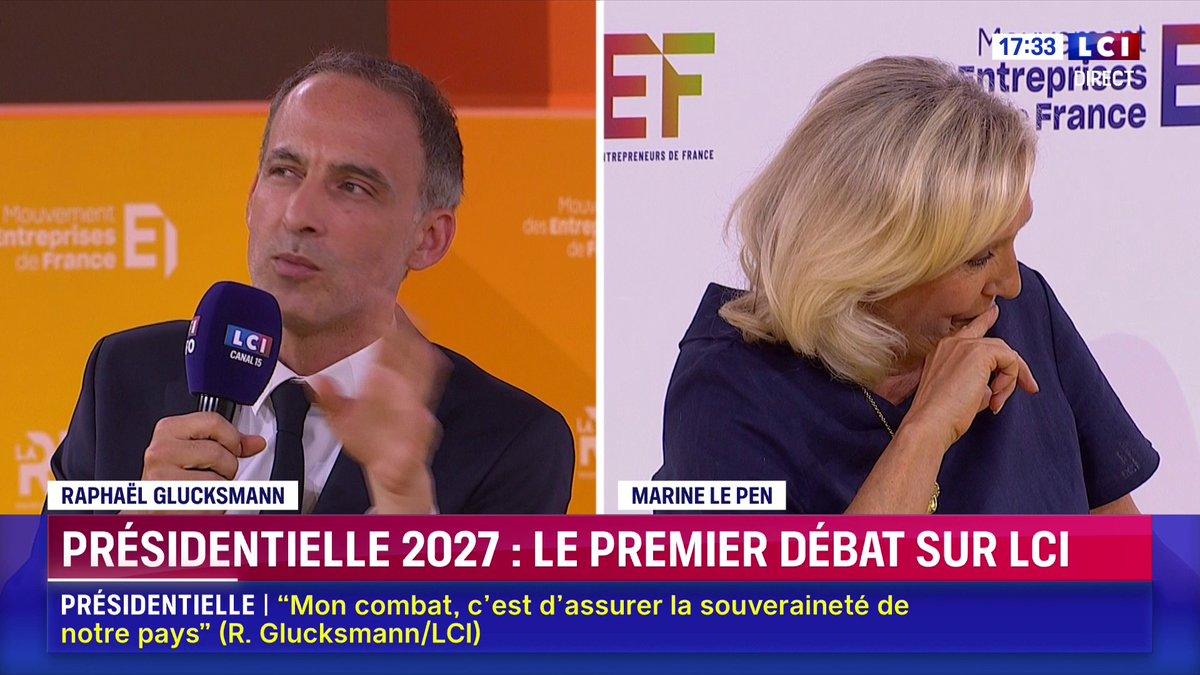 🔴 "Quand on vous pose une question sur la dette,vous répondez "les immigrés" et "l'Europe"", adresse Raphaël Glucksmann à Marine Le Pen ▶️ Sept candidats à la présidentielle devant les patrons : le grand débat de #LaREF26 du Mouvement des Entreprises de France sur LCI