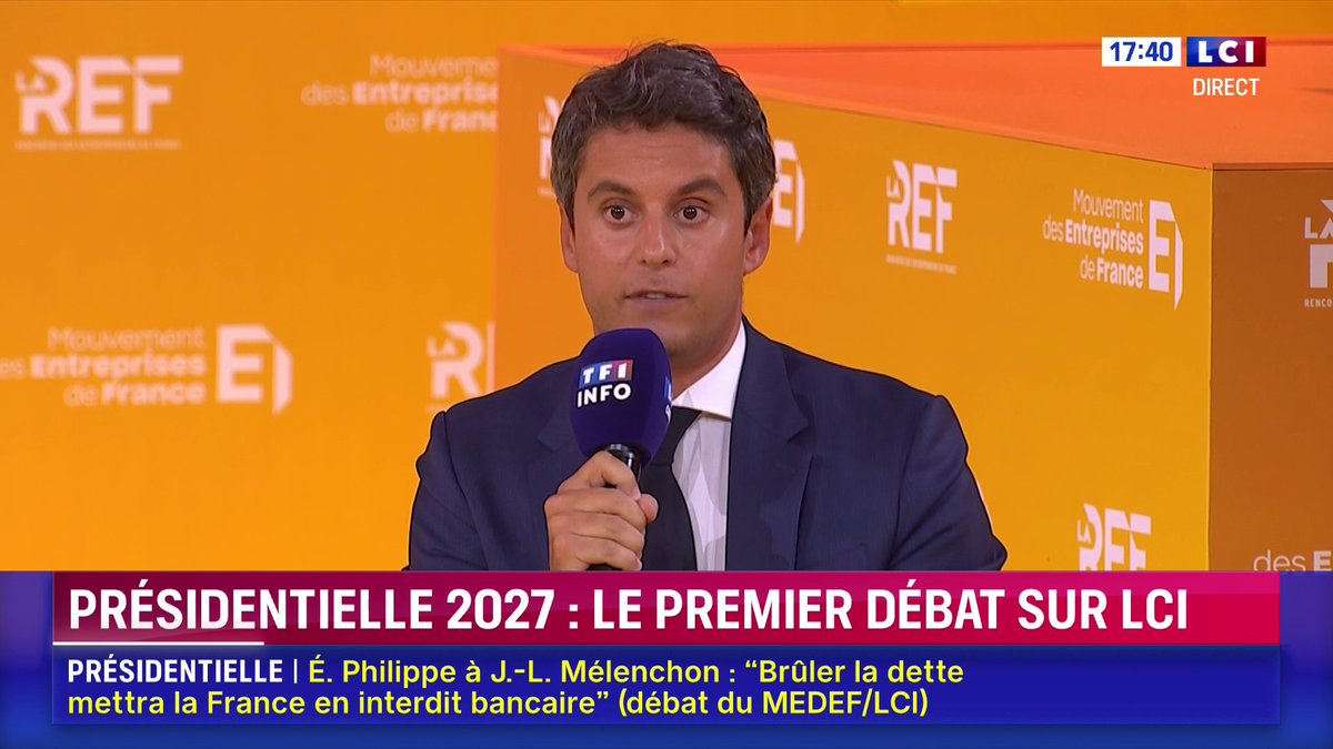 🔴 Retraites : Gabriel Attal propose "un nouveau système universel (...) libre qui se fonde sur la durée de cotisation (...) un système avec un vrai piller de capitalisation" ▶️ Sept candidats à la présidentielle devant les patrons : le grand débat de #LaREF26 du Mouvement des Entreprises de France sur LCI