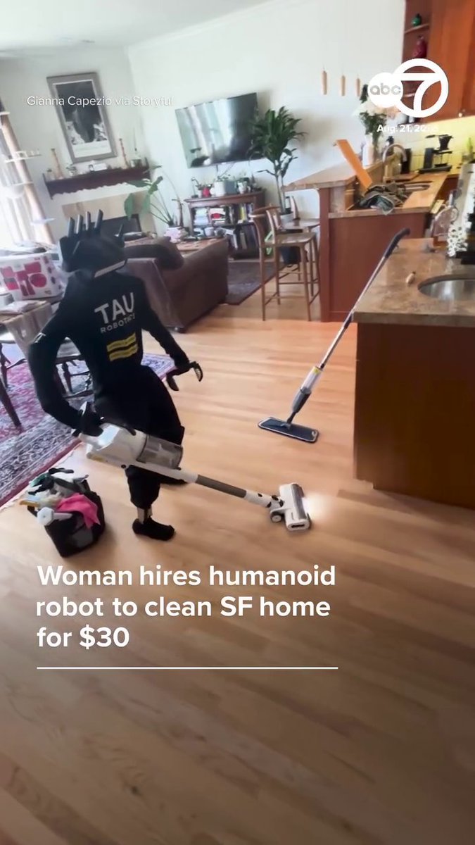 Would you hire a robot to clean your home? One woman in San Francisco hired a humanoid robot from Tau Robotics to complete 1 hour of cleaning in her home. She said the robot did a "solid job" and she did not have to redo any of its work afterwards. 🤖🧹🧼
