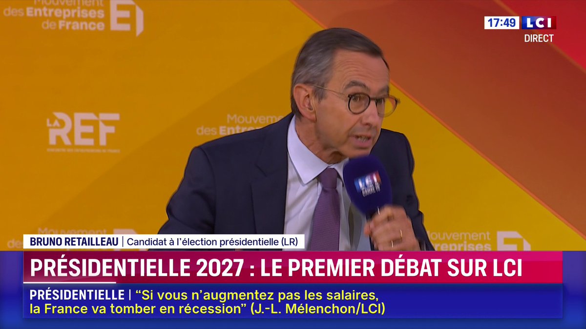 🔴 "Aucun des candidats aujourd’hui et demain, ne pourra résoudre le problème des finances publiques et de la dette, sans la retraite", affirme Bruno Retailleau ▶️ Sept candidats à la présidentielle devant les patrons : le grand débat de #LaREF26 du Mouvement des Entreprises de France sur LCI