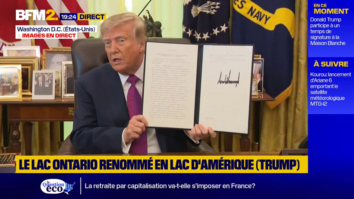 💬 "C'est officiel, avec effet immédiat" Donald Trump a signé un décret changeant le nom du "lac Ontario" en "lac d'Amérique" #BFM2