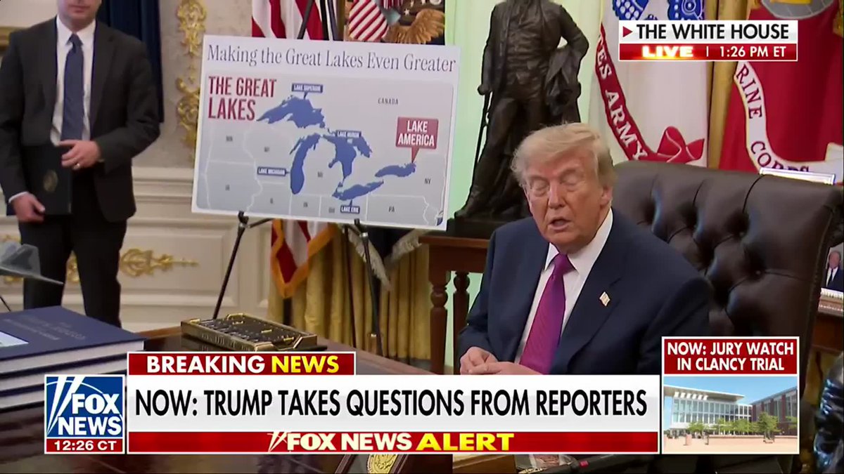 After making "Lake America" official, President Trump immediately jokes that he may need to set his sights on an ocean next. "We have a gulf and we have a lake. Now, all we need is an ocean." "Maybe we'll have to change the name of the Atlantic and or the Pacific. Maybe we'll change them both."