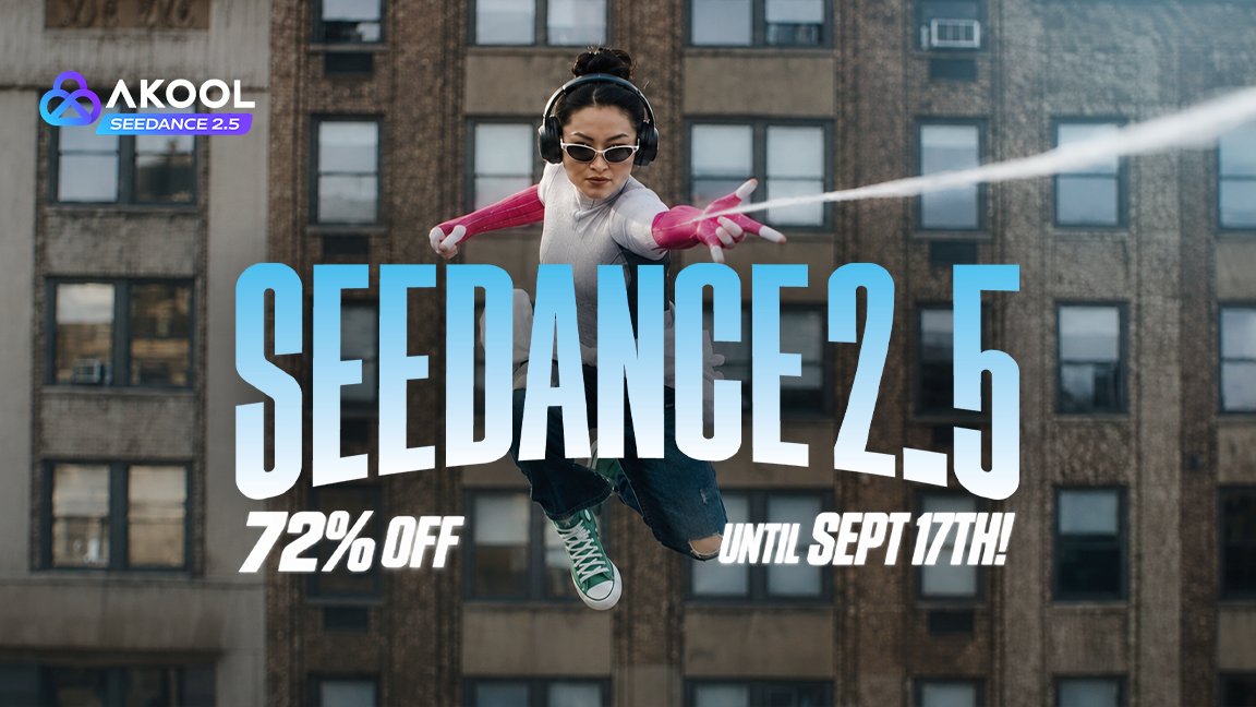 Seedance 2.5 just got even better on AKOOL! Create in stunning 1080p and enjoy 72% OFF for a limited time only. ⏰ Offer ends September 17 — don’t miss your chance to create more for less!