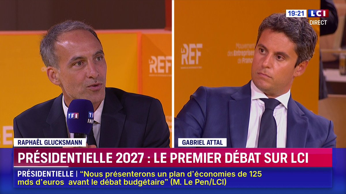 🔴 "Il y a une limite à l'arrogance" : Raphaël Glucksmann attaque Gabriel Attal et fustige "ses leçons d'écologie" ▶️ Sept candidats devant les patrons : le grand débat de #LaREF26 du Mouvement des Entreprises de France sur LCI