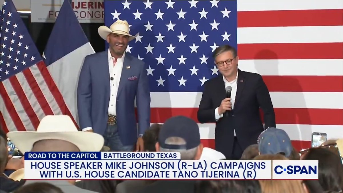 .Speaker Mike Johnson impersonates what President Trump would say about U.S. House candidate Tano Tijerina: "Look at him Mike, he's so handsome he's so strong."