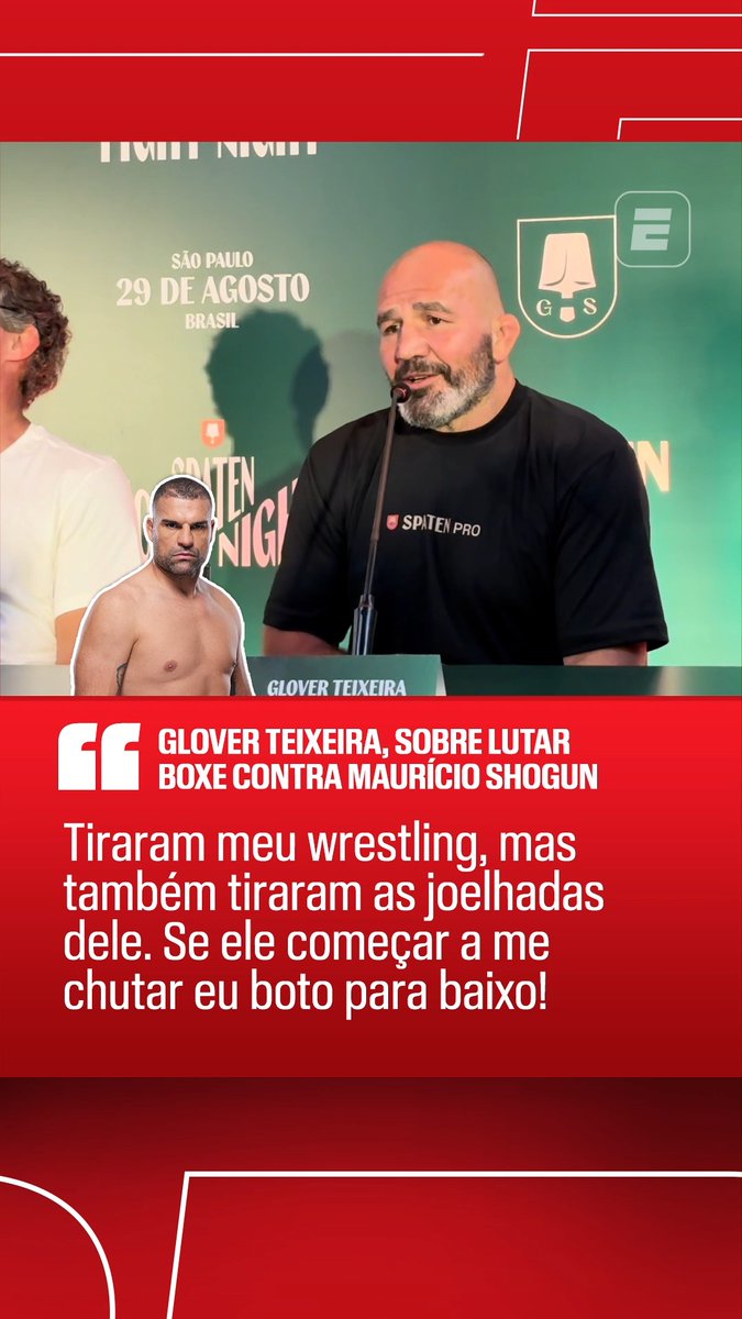 NADA DE JOELHADA E NEM DE LUTA NO CHÃO 😂 Glover Teixeira falou sobre luta contra Maurício Shogun e comentou sobre enfrentar o brasileiro em uma luta de boxe. Quem vence essa no Spaten Fight Night, fã de esportes? #ESPNKnockOut
