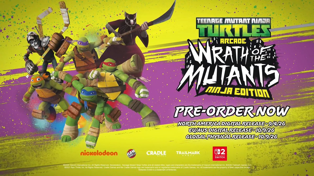via GameStop TMNT Arcade: Wrath of the Mutants Ninja Edition* *for Nintendo Switch 2, September 4, 2026 *includes two new playable characters: - Master Splinter - Casey Jones