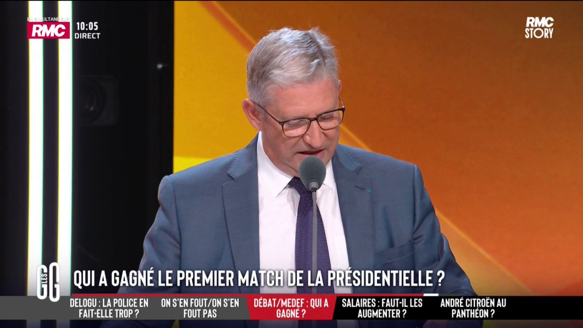 🏆 Débat devant les patrons. 🗣️ Emmanuel de Villiers : "Attal, éternel étudiant. Glucksmann, un grand mytho. Le Pen, très bon coiffeur. Mélenchon, prétentieux et autoritaire. Philippe, plutôt bon. Retailleau, connaisseur. Tondelier, pourquoi est-elle là ? #GGRMC