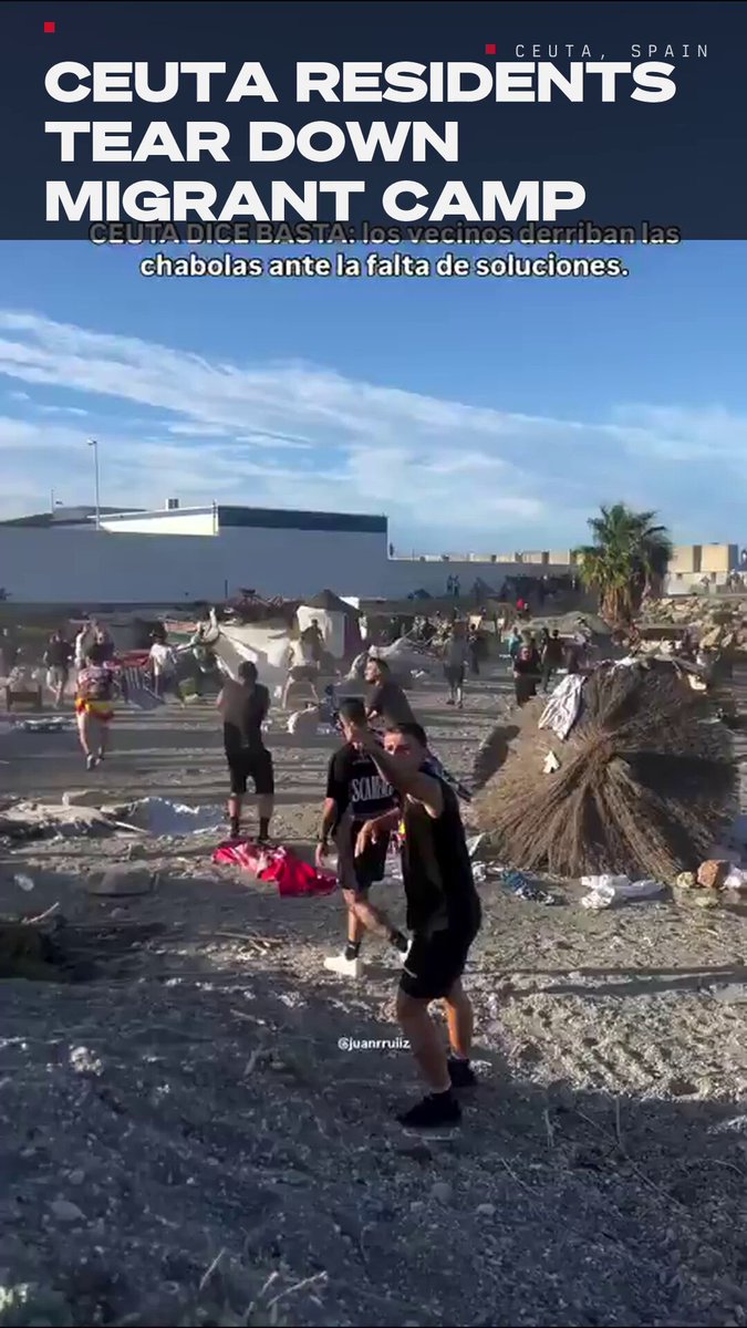 Ceuta residents just tore down the illegal camp Moroccan migrants had set up on the beach, fed up with the local government doing nothing about it. Someone in the crowd yells "it's all ours" while they rip the shacks apart.