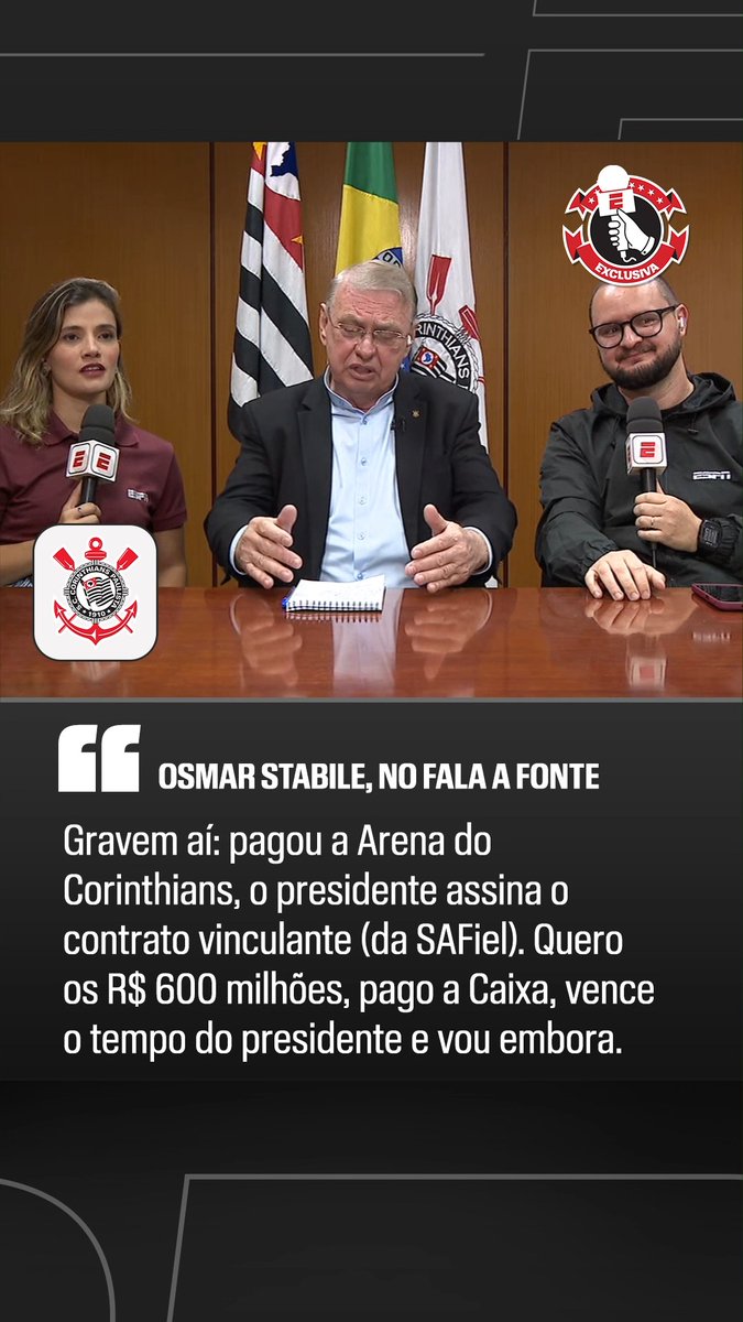 O PRESIDENTE PROMETEU! Em entrevista exclusiva ao Fala a Fonte, Osmar Stabile, presidente do Corinthians, prometeu e mandou gravar: se a SAFiel quitar a dívida da Neo Química Arena, ele assina o contrato vinculante da SAF! 👉 Saiba TUDO sobre o mercado da bola no Fala a Fonte, ao vivo, de segunda a sexta, no YouTube da ESPN Brasil! #FalaFonte #FutebolNaESPN
