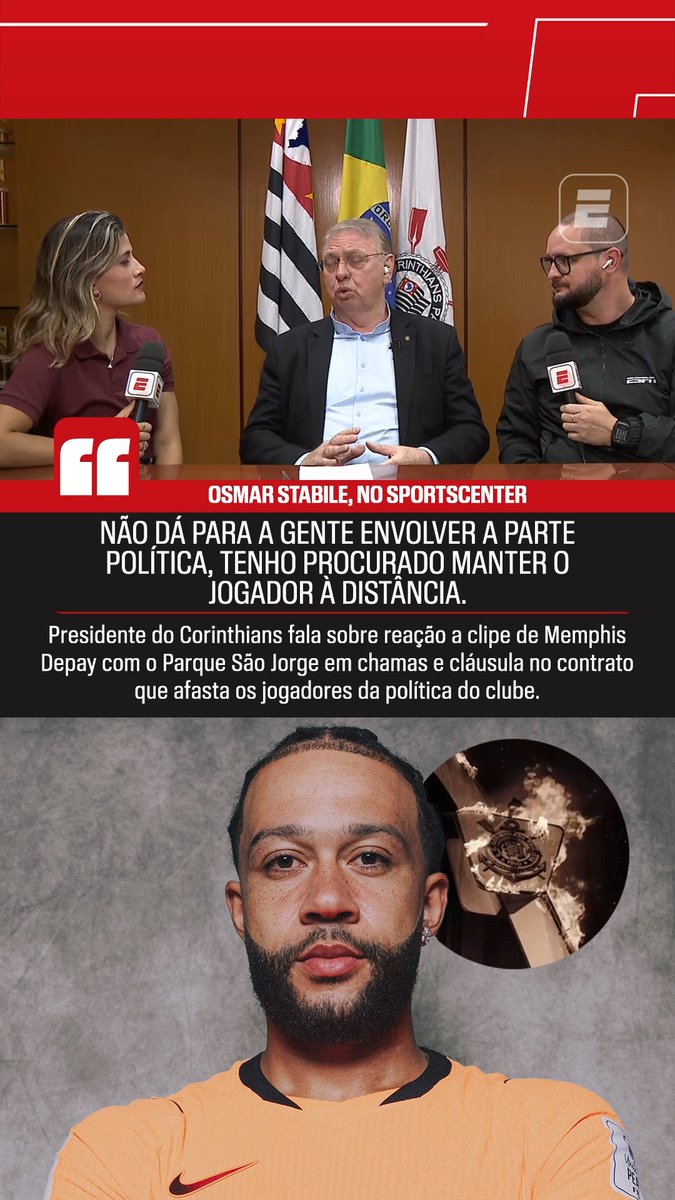 Em entrevista exclusiva à ESPN, o presidente do Corinthians revelou qual foi a sua reação ao clipe de Memphis Depay, que mostra o Parque São Jorge e o escudo do clube em chamas, e afirmou que os jogadores possuem uma cláusula contratual de não envolvimento com a política da instituição. #FutebolNaESPN #Corinthians #Memphis