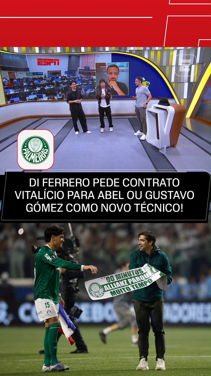 "Sim (assinaria contrato vitalício entre Abel Ferreira e Palmeiras). Eu sou meio 'Abel Ferreira tipo Alex Ferguson'. Eu sou desse rolê. Pra quê mexer? Fica, Abel, sempre!" "Se o Abel não puder, o Gustavo Gómez tem que virar o técnico." 🎙️ Di Ferrero, cantor, na ESPN. 🎥 ESPN Brasil | SportsCenter Brasil