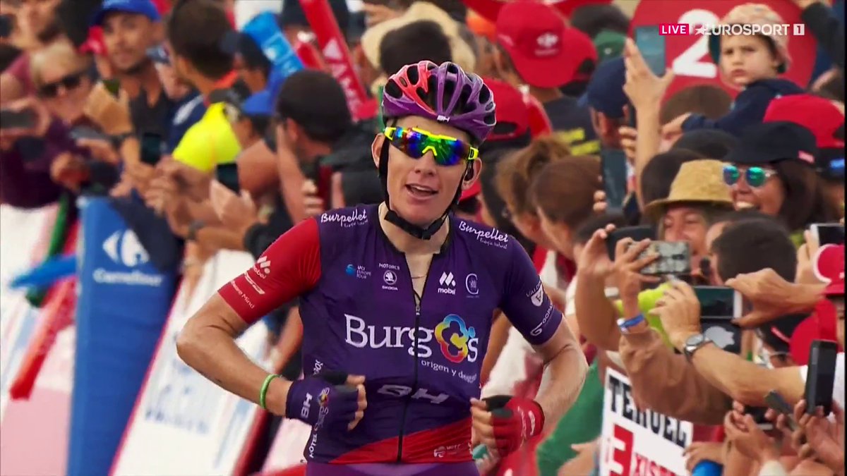 28 de agosto de 2019. Javalambre. 𝗟𝗮 𝗴𝗲𝘀𝘁𝗮 𝗱𝗲 𝗔́𝗻𝗴𝗲𝗹 𝗠𝗮𝗱𝗿𝗮𝘇𝗼. 💜 Burgos Burpellet BH está de aniversario y con ganas de repetir: "Si no arriesgas no ganas. Con Tadej es mucho más difícil, pero no hay que perder la esperanza" #LaVuelta26 #LaCasadelCiclismo