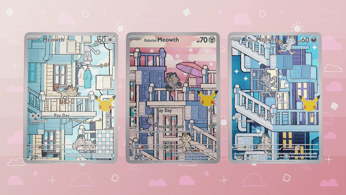 Just three cool cats enjoying the twilight views 🌅 Discover Galarian Meowth and more in the upcoming #PokemonTCG: 30th Celebration expansion 🎉