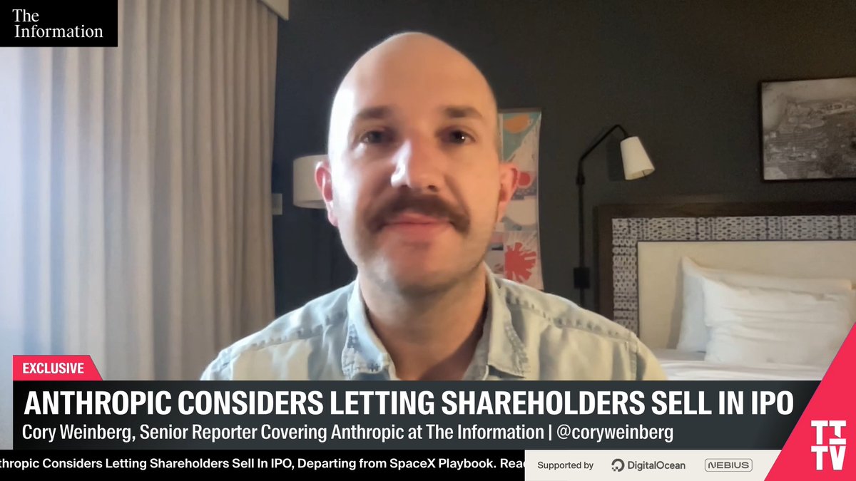 Anthropic is considering letting existing shareholders sell some stock in its upcoming IPO. “Look, you don't want to be selling too much stock in an IPO." "It'll look like to everyone, like you're dumping your shares before the stock has sort of reached its full potential value.” — Cory Weinberg, The Information Full story: