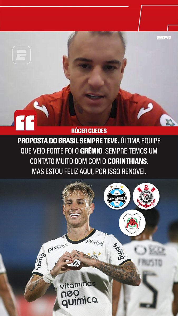 "Sempre tive propostas do Brasil. A última equipe que veio forte foi o Grêmio. Sempre temos um contato muito bom com o Corinthians, sempre teve essa conversa, mas nada de apresentar contrato, até porque sempre deixei bem claro que eu e minha família estamos muito felizes aqui (no Catar), por isso renovei o contrato." 🎙️ Roger Guedes, à ESPN. 🎥 ESPN Brasil | SportsCenter Brasil