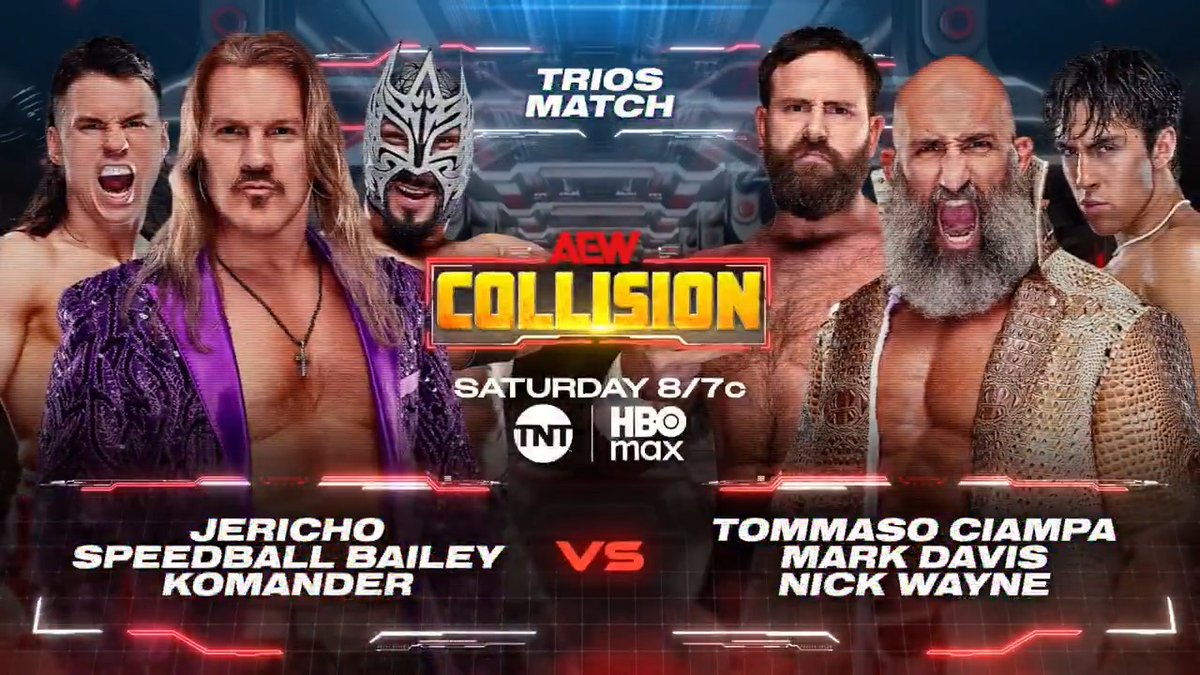#AEWCollision 8/7c, TNT &amp; HBO Max - Tomorrow, 8/29 Chris Jericho/Speedball Mike Bailey/Komandercr_luchador vs Tommaso Ciampa/@TheNickWayne/dunkzilla - マーク・デイビス Six competitors hoping their number gets called for Casino Gauntlet at #AEWAllIn London will collide in trios action, TOMORROW!
