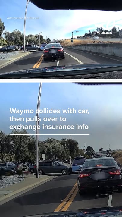 Dashcam footage captured the moment a driverless Waymo collided with another vehicle exiting a parking lot in Sunnyvale, California. A spokesperson for Waymo said the robotaxi pulled over at a wider space to exchange insurance information.