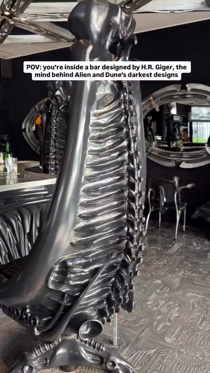 After winning an Oscar for Alien, H.R. Giger built a bar in his hometown Chur, Switzerland. The first-ever Giger Bar, with Harkonnen Chairs and eerie biomechanical design, still stands. Today, only two exist, in Chur and Gruyères. [📹 taniaparfe]