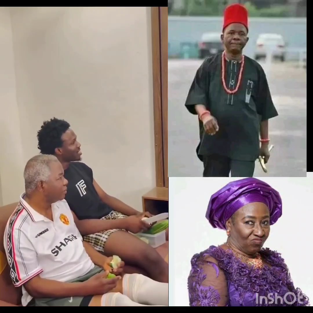 Nollywood legend, Chief Chiwetalu Agu, watches one of his old movies which he acted alongside veteran actress Patience Ozokwo many years ago.
