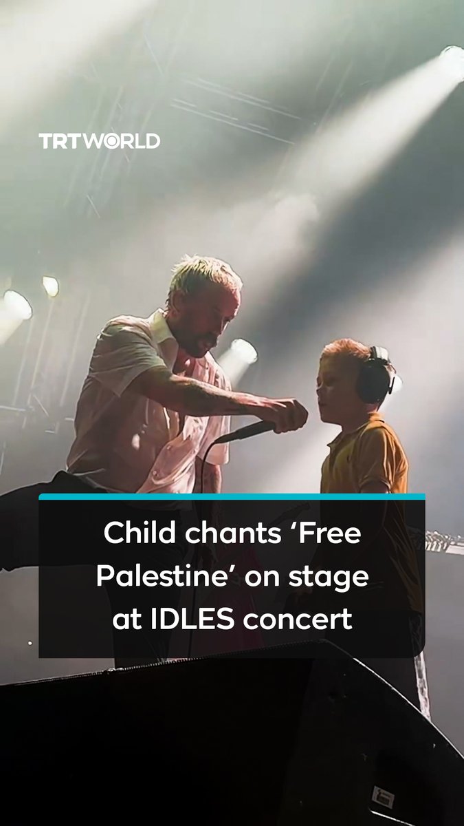 A child attending his first live concert was invited on stage by British rock band IDLES in Belfast, Ireland. When he was asked to say one thing to the crowd, he shouted, “Free Free Palestine”