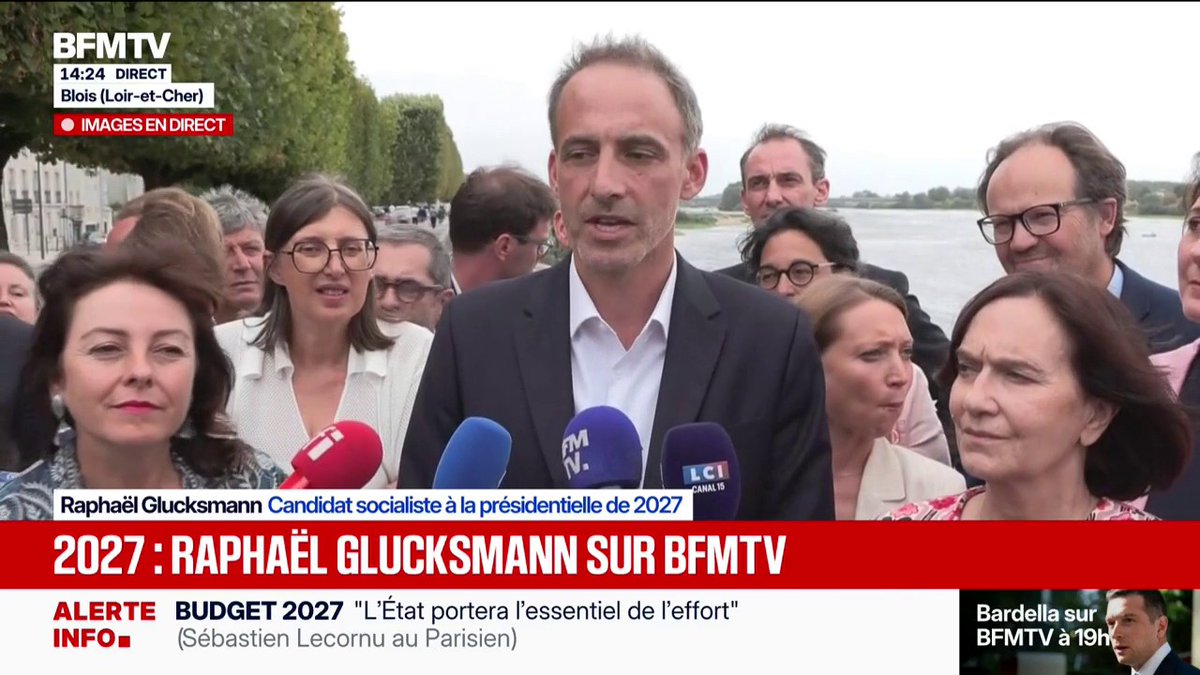 "Il faut un budget pour le pays, mais il ne peut pas être injuste, et on ne peut pas toujours demander des efforts aux mêmes", estime Raphaël Glucksmann, candidat socialiste à l'élection présidentielle, lors des journées d'été du PS à Blois