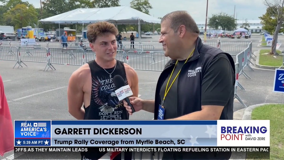 YOUNG TRUMP SUPPORTER LEAVES BLUE STATE FOR THE SOUTH Garrett Dickerson, a college junior, tells David Zere @ Real Americas Voice News - RAV-TV he came out to support President Trump after growing up in deep-blue Maryland: โHe stands for us.โ His take on Trump fixing Bidenโs mess? โYou got to clean it up.โ
