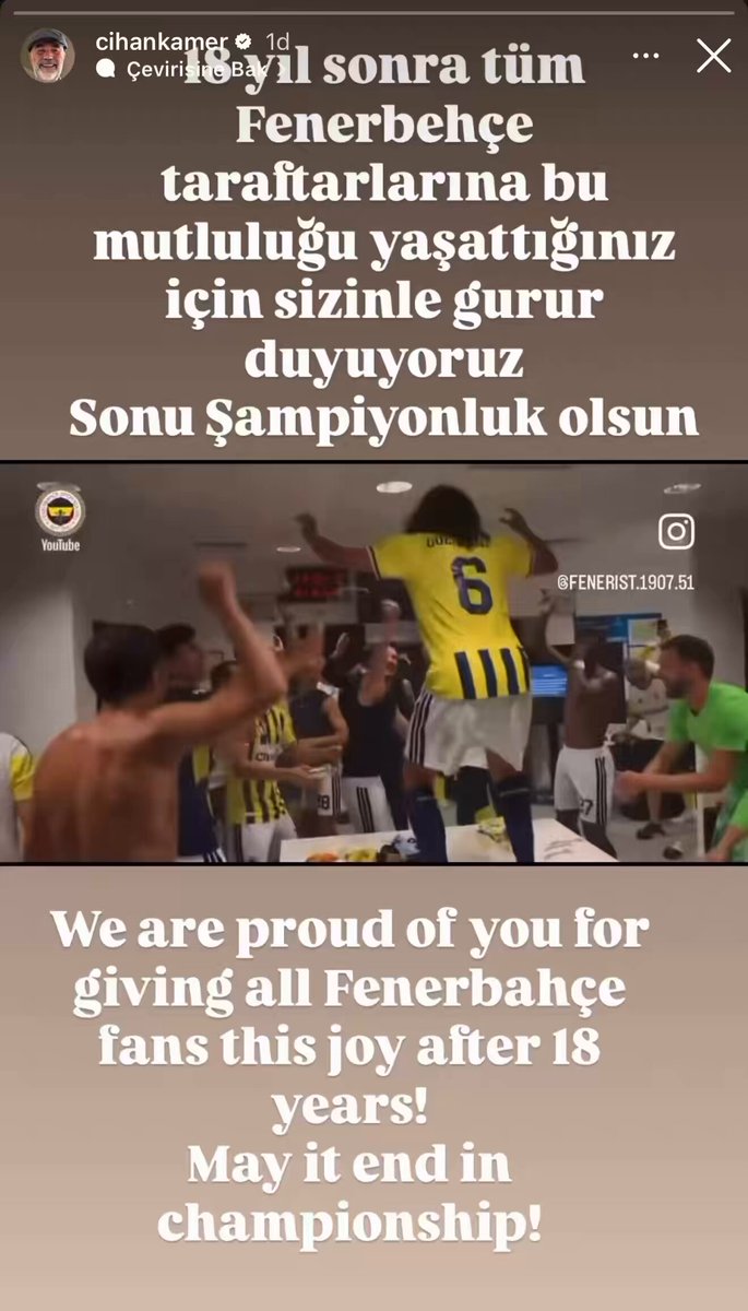 Cihan Kamer’in paylaşımı; "18 yıl sonra tüm Fenerbehçe taraftarlarına bu mutluluğu yaşattığınız için sizinle gurur duyuyoruz Sonu Şampiyonluk olsun."