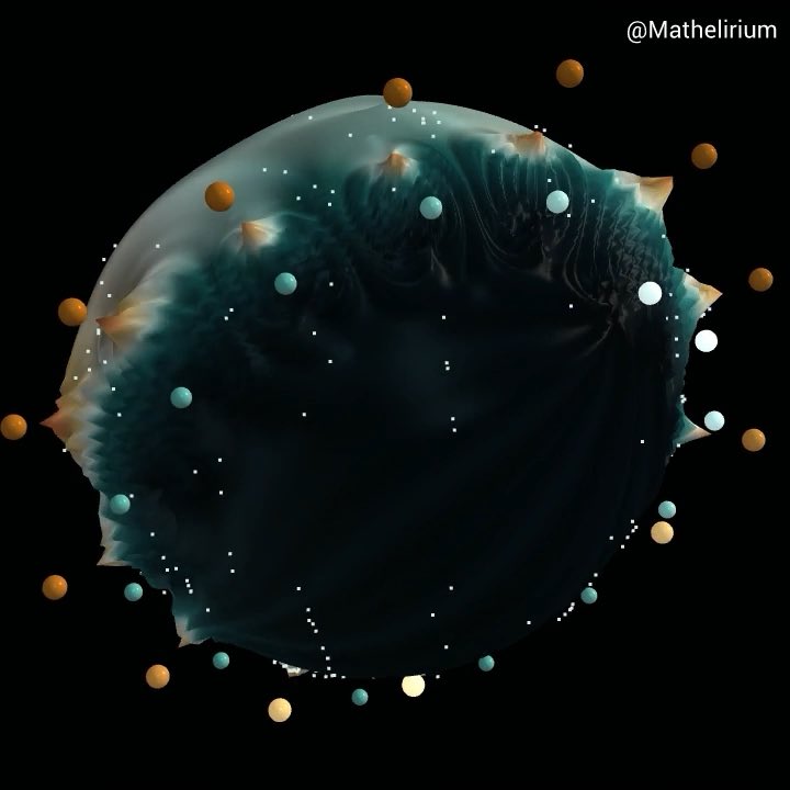 I love turning basic Math concepts into art. This is a Riemann sphere driven by a moving rational function R(z) = ∏(z-aⱼ) / ∏(z-bₖ) The glowing roots and poles orbit across S² while log|R| and Φ = arg R continuously reshape the surface. The small particles ride the phase gradient ∇Φ.