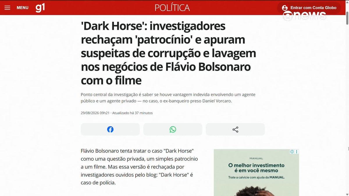 Segundo apuração de Andréia Sadi, investigadores rechaçam "patrocínio" e apuram suspeitas de corrupção e lavagem nos negócios de Flávio Bolsonaro com o filme "Dark Horse". ➡️ Assista ao #JornalGloboNews na TV e no Globoplay #DarkHorse