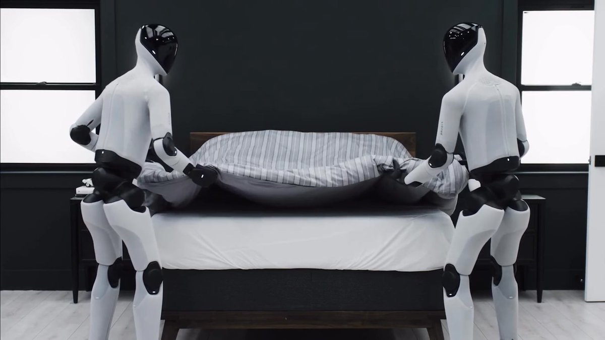 TWO ROBOTS. ONE BEDROOM. 127 SECONDS. 🤖🛏️ They walked in, hung the jacket, cleared the desk, and made the bed together. No teleoperation. No voice commands. No script telling them who pulls which corner. Each one just watches the other — and adapts in real time. That clip is the video everyone watches. The money is not in the video. Figure units already rent to warehouses at ~$25 an hour — half a human shift. You keep the robot. The client keeps the flexibility. After the unit pays for itself, every hour is margin. Five ways regular people are already pulling cash from this boom — no factory, no engineering degree, no Tesla…