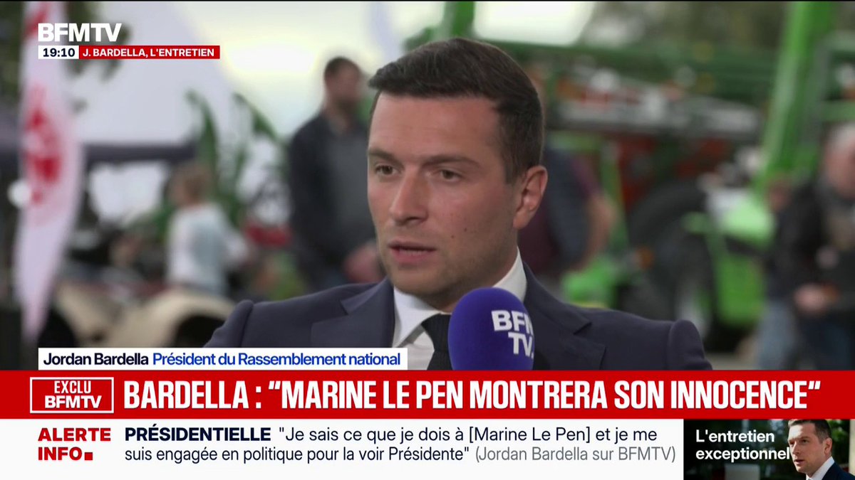 Marine Le Pen va "démontrer son innocence" dans l'affaire des assistants parlementaires, assure Jordan Bardella, président du Rassemblement national