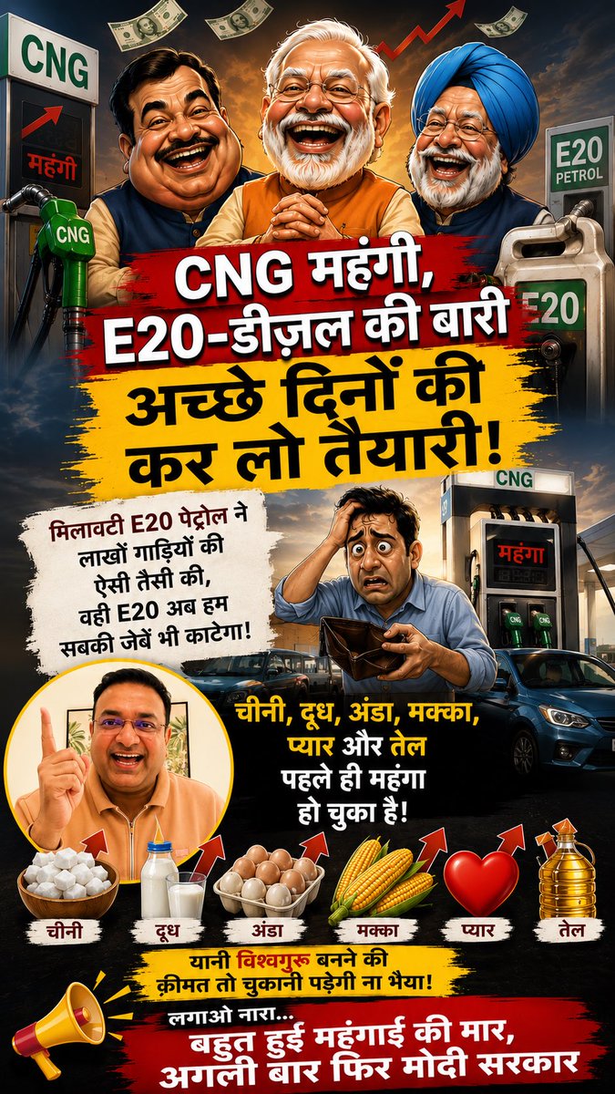 CNG महंगी, E20-डीज़ल की बारी. अच्छे दिनों की कर लो तैयारी 😜 मिलावटी E20 पेट्रोल ने लाखों गाड़ियों की ऐसी तैसी की, वही E20 अब हम सबकी जेबें भी काटेगा. चीनी, दूध, अंडा, मक्का, प्यार और तेल पहले ही महंगा हो चुका है. यानि विश्वगुरु बनने की क़ीमत तो चुकानी पड़ेगी ना भैया 🤨 लगाओ नारा… बहुत हुई महंगाई की मार, अगली बार फिर मोदी सरकार 😅🤪 Nitin Gadkari Office Of Nitin Gadkari Hardeep Singh Puri Arvind Kejriwal Bharat Petroleum Bharat Petroleum LPG Indian Oil Corp Ltd Ministry of Petroleum and Natural Gas #MoPNG SIAM India हिन्दी ख़बर | Hindi Khabar 🇮🇳 Living India News #EthanolScam #CNG #CNGPriceHike #CNGमहंगी #महंगाईकीमार #FuelPriceHike #महंगाई #NoE20Petrol #ethanolfreepetrol #StopE20petrol #fuelfreedom #ई20_पेट्रोल #E10 #E20 #E30