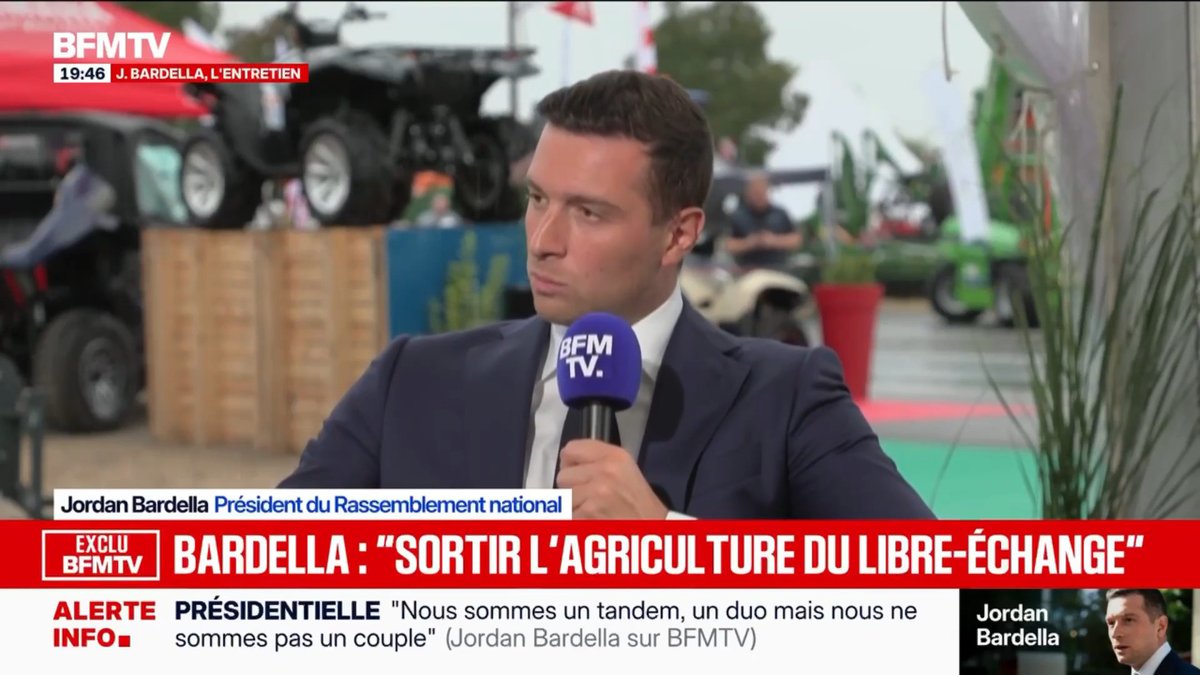 Nos agriculteurs veulent pouvoir produire. Nous leur redonnerons tous les outils pour pouvoir enfin produire et vivre de leur travail, nous leur permettrons de stocker l'eau avec des bassines, et nous appliquerons le patriotisme รฉconomique. BFM
